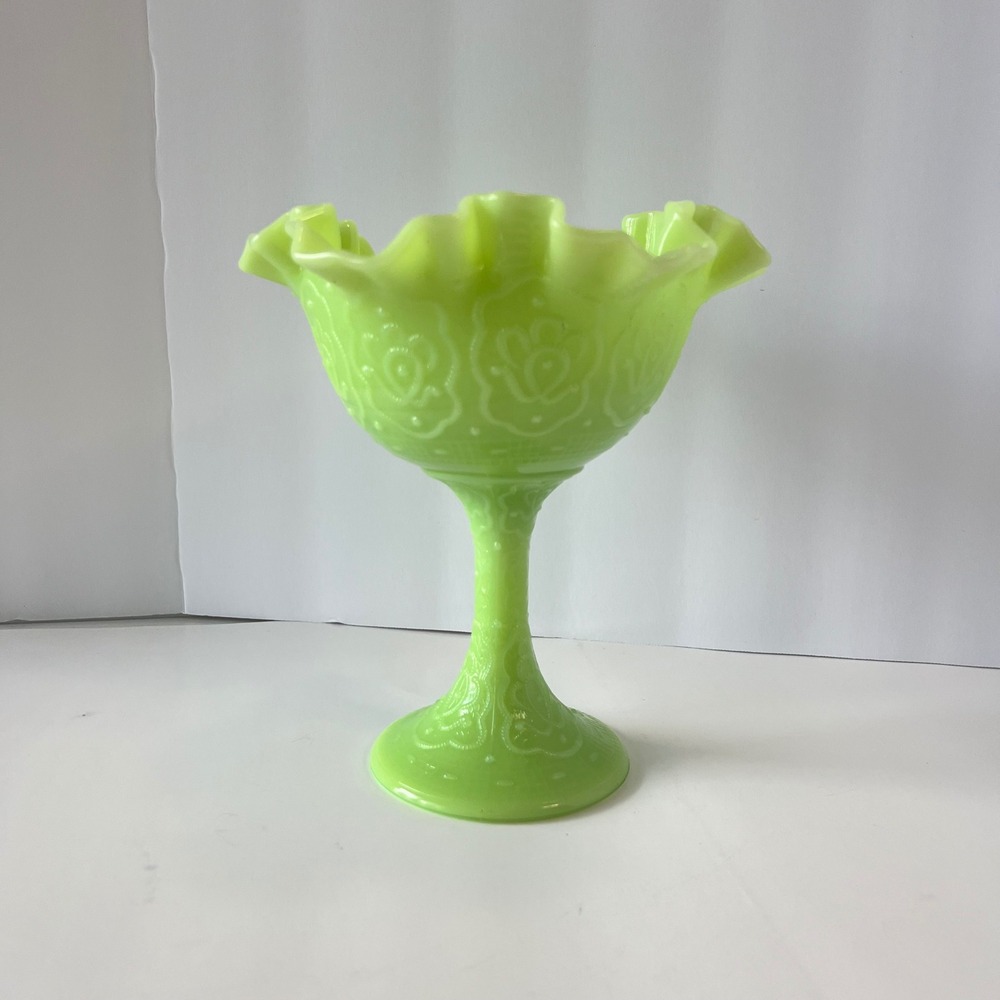 Fenton Lime Green Uranium satin Glass Ruffled Compote Embossed Persian medallion